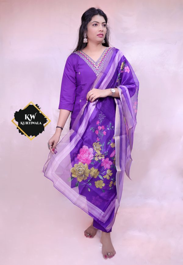 Roman Silk Pant Kurti with 3D print heavy Organza Dupatta