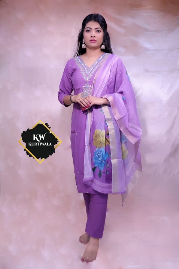 Roman Silk Pant Kurti with 3D print heavy Organza Dupatta