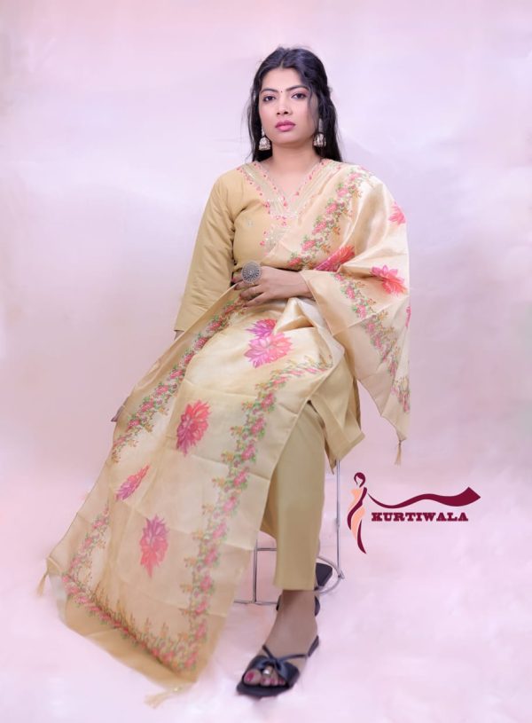 Roman Silk Pant Kurti with 3D print heavy Organza Dupatta