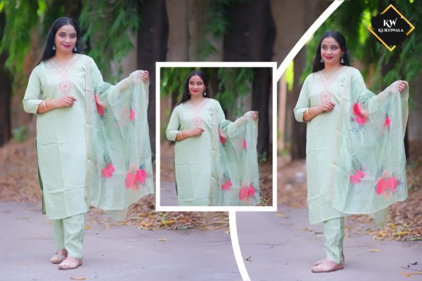 Roman Silk Pant Kurti with 3D print heavy Organza Dupatta