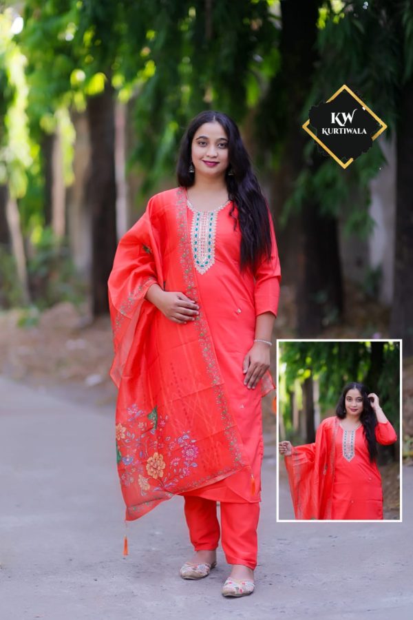 Roman Silk Pant Kurti with 3D print heavy Organza Dupatta