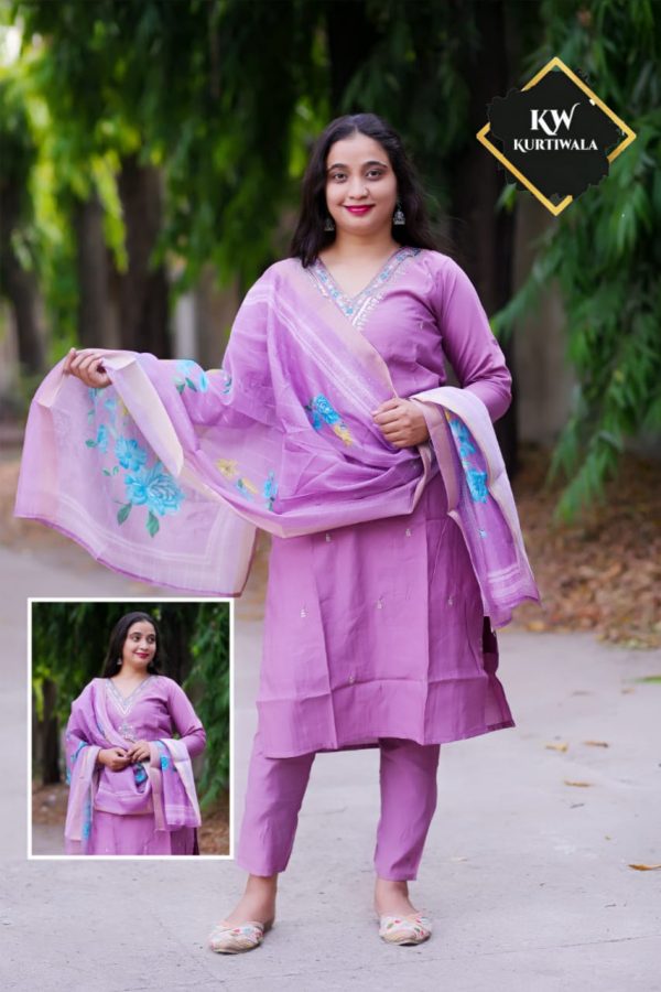 Roman Silk Pant Kurti with 3D print heavy Organza Dupatta
