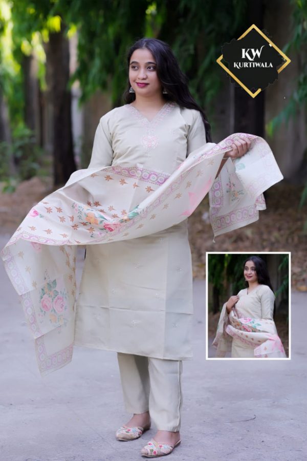 Roman Silk Pant Kurti with 3D print heavy Organza Dupatta