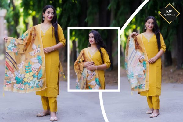 Roman Silk Pant Kurti with 3D print heavy Organza Dupatta