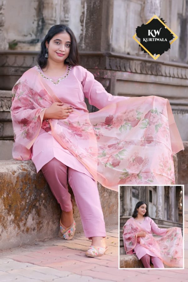 Roman Silk Pant Kurti with 3D print heavy Organza Dupatta