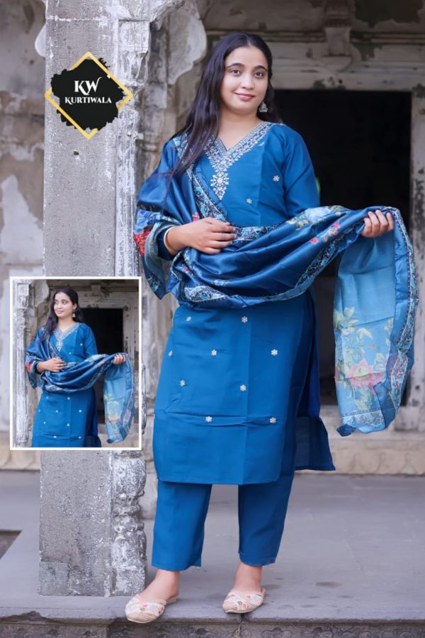 Roman Silk Pant Kurti with 3D print heavy Organza Dupatta