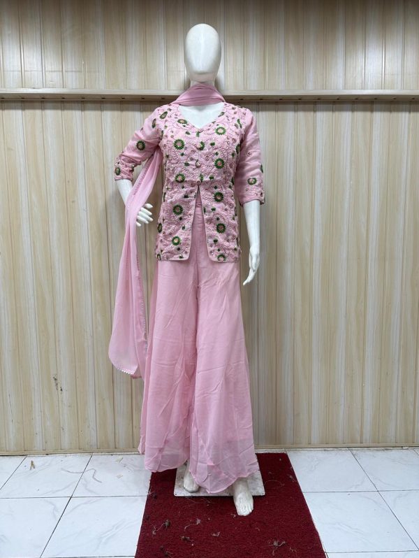 Floral Fusion Plazo Set With Bloom Embroidery( Three Piece Set)